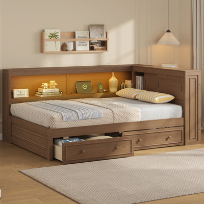 Lit de jour en bois pleine grandeur avec tablettes de rangement, USB, DEL et 2 tiroirs, couleur bois antique (ETA: 1/18)