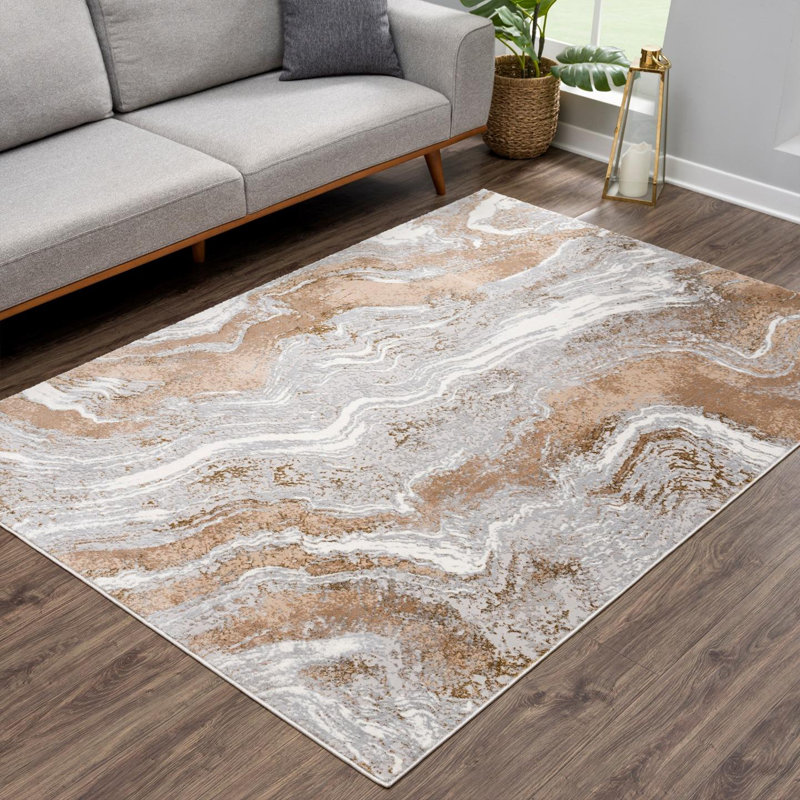 Tapis brun / beige à motif abstrait marbré, Rectangle 6 pi 5 po x 9 pi 3 po