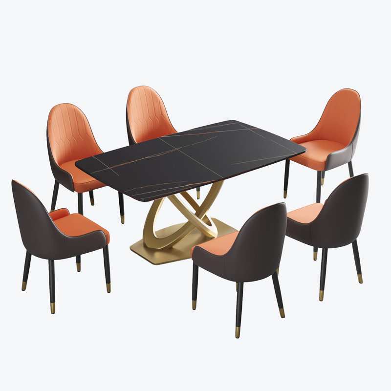 Ensemble de table de salle à manger à piédestal en pierre 7 pièces, Noir, Noir / orange