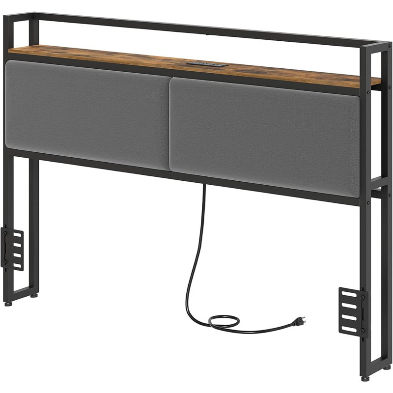 Vintage Style Queen Headboard Only – Upholstered With Open Storage And Built-In Charging Station, Height Adjustable, Rustic Brown/Gray/Black