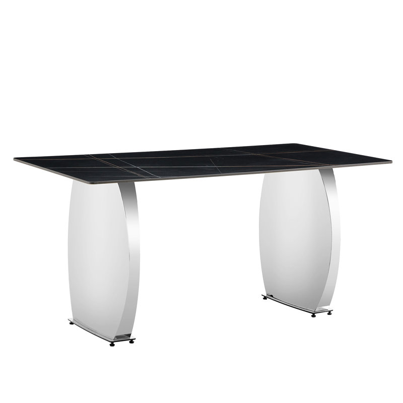 Table rectangulaire moderne avec plateau de table en pierre frittée noire et supports en métal argenté stables, sans danger pour les aliments, antidérapante pour les repas de 0,4 po de hauteur, convient aux espaces commerciaux à domicile, haute