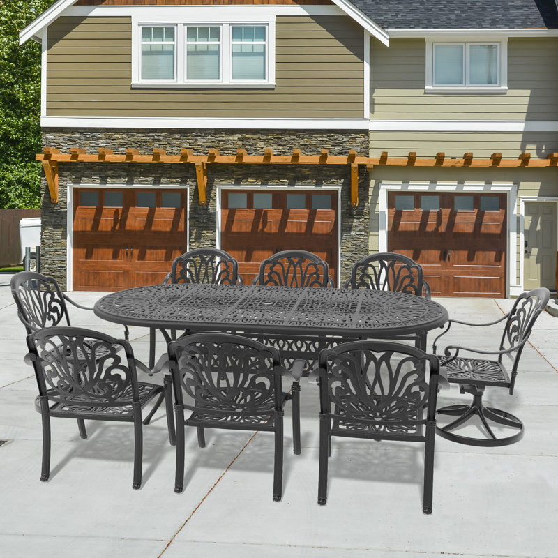 8-Person Rectangular Cast Aluminum Patio Dining Set with 2 Swivel Chairs & Cushions & Umbrella Hole