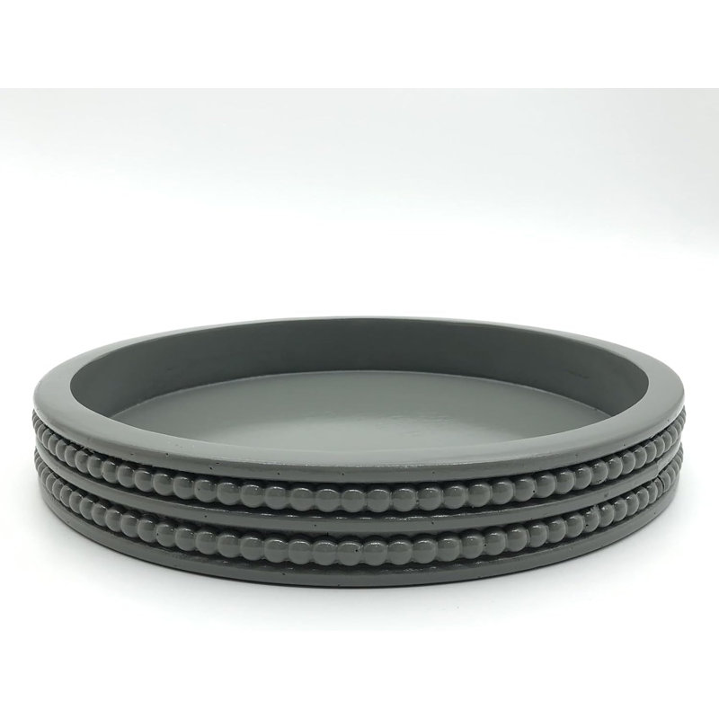 Gray Fir Wood Round Decorative Tray with Beaded Trim for Vanity & Coffee Table