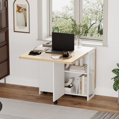 Folding Dining Table with Drop Leaf for 4-6, Space-Saving  Foldable Kitchen Table with 2-Tier Storage Racks, 6 Wheels,  127×80×75cm