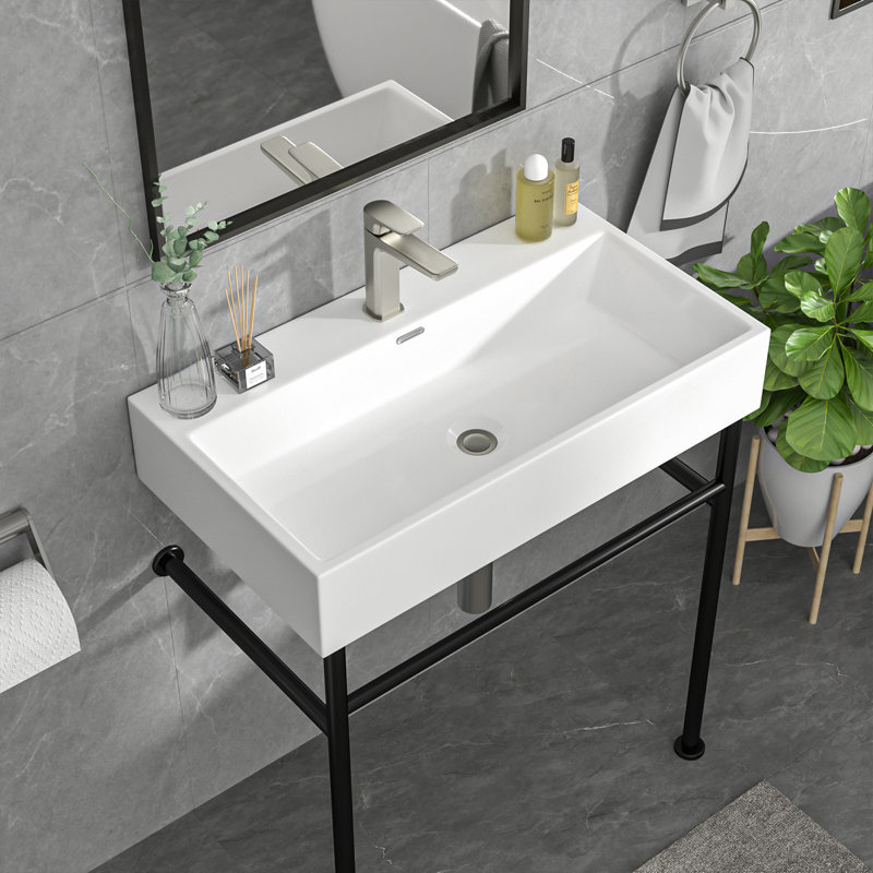 31.5" L x 16.3"W Wallmount Ceramic Sink Rectangular Console Bathroom Sink with Overflow and Bracket Base, White/Matte Black