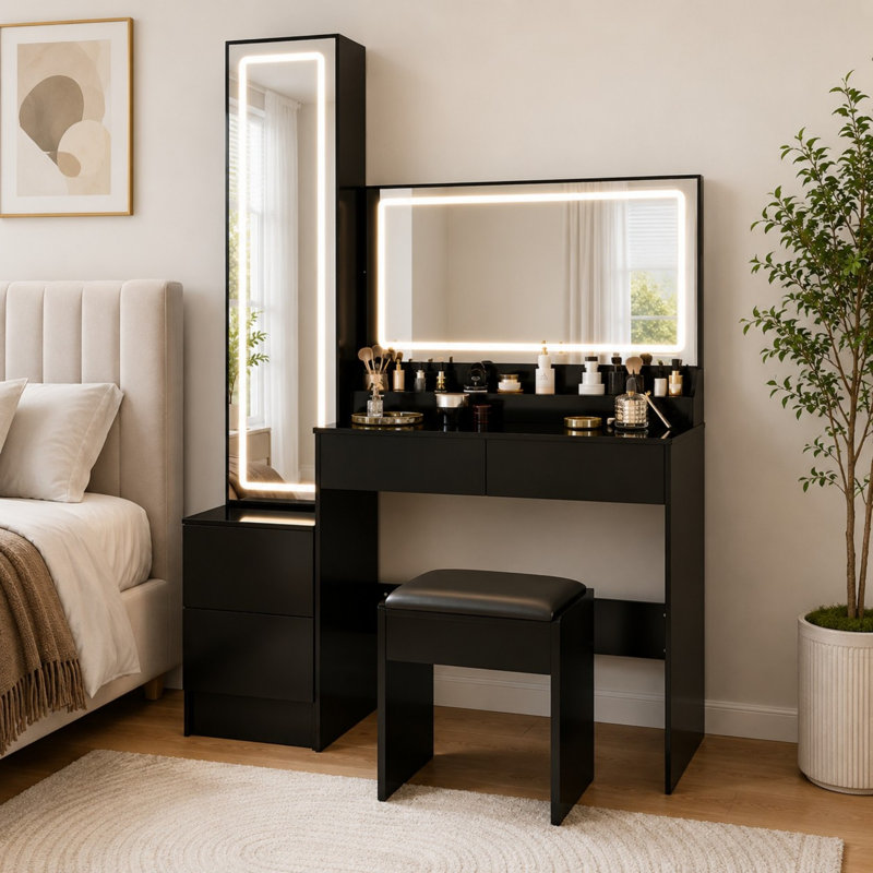 Extra Large LED Vanity Table with Double Mirror and Cushioned Stool, 3-Color Touch Control Lighted Mirror with Storage Drawers
