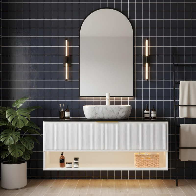 Meuble-lavabo flottant 48 po avec 1 tiroir, tablette ouverte et vasque en céramique 48 po, 48"