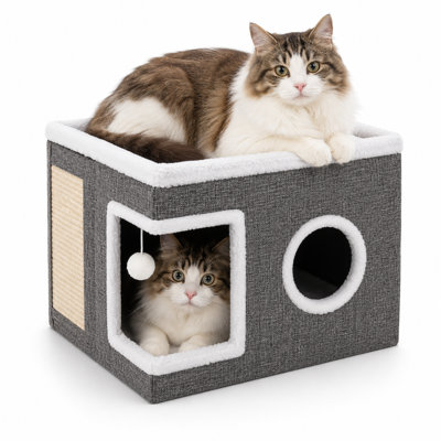 Foldable Cat Cave Bed for Indoor Cats with Sisal Scratching Pad, Reversible Cushions and Hanging Toy