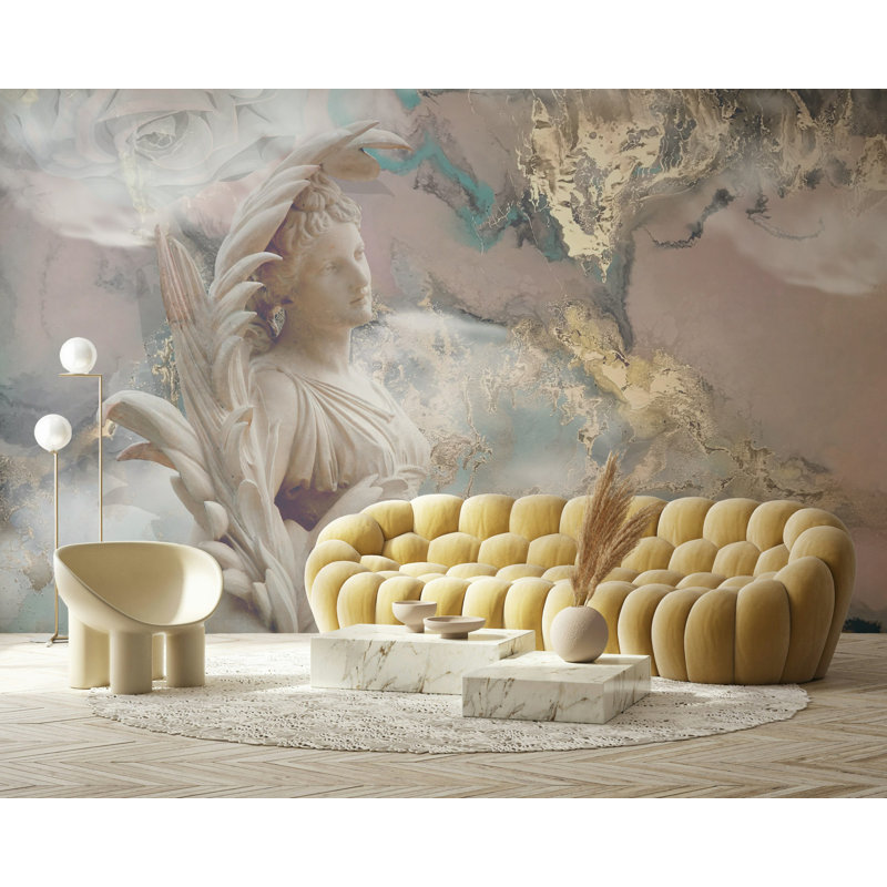 Statue ange, papier peint en marbre pastel, L 100 po x l 150 po