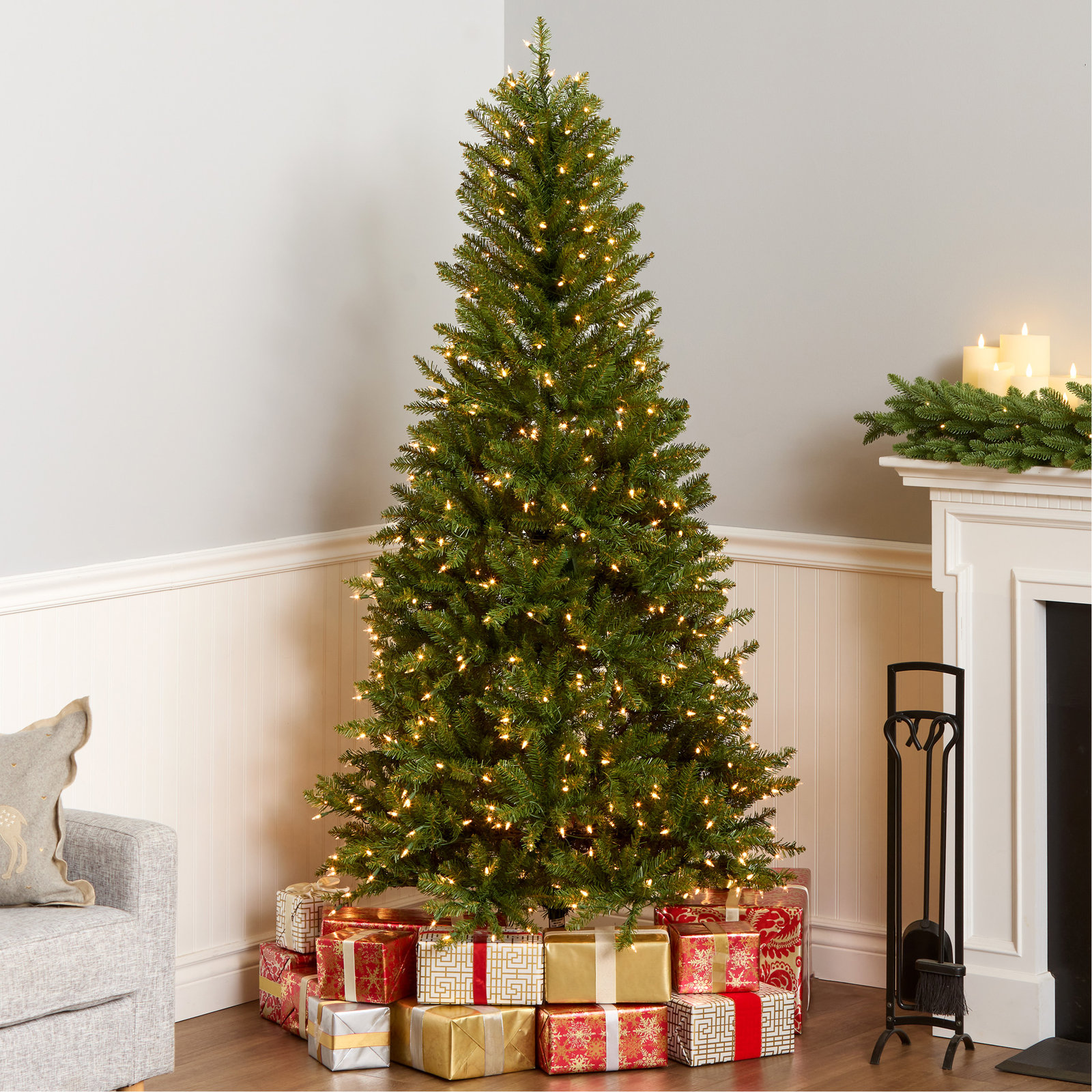 The Holiday Aisle® 6.5ft. Dunhill Fir Slim Tree with Clear Lights, 6.5', Clear/White
