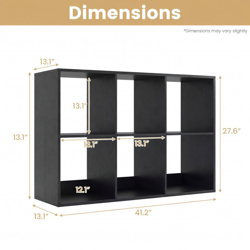 Étagère modulaire de 6 cubes avec barre de sécurité arrière, finition bois, idéale pour le salon, la chambre à coucher et le bureau, noire.