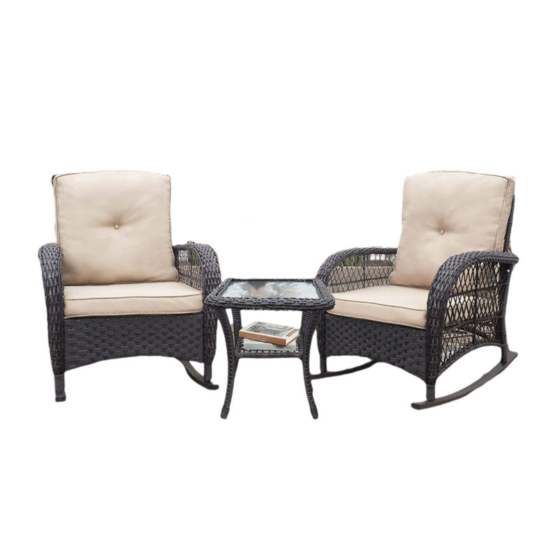 Ensemble de 3 chaises d'extérieur en osier avec coussins de haute qualité et table d'appoint en verre Kaki