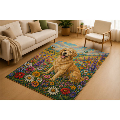 "Ultra Thin" 5' x 7' Golden Retriever Wildflower Meadow Area Rug for Living Room, Soft Low Pile Indoor Rug with Non-Slip Silicone Backing, Carpet for Bedroom, Nursery, Kids & Pets, Blue Multicolor
