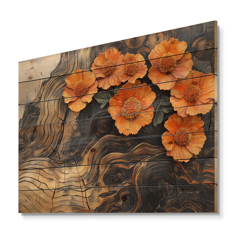 Autumn Marigold Flowers On Wood Slide I - Marigold Wood Wall Art - On Natural Pine Wood, 24" H x 32" W x 0.78" D
