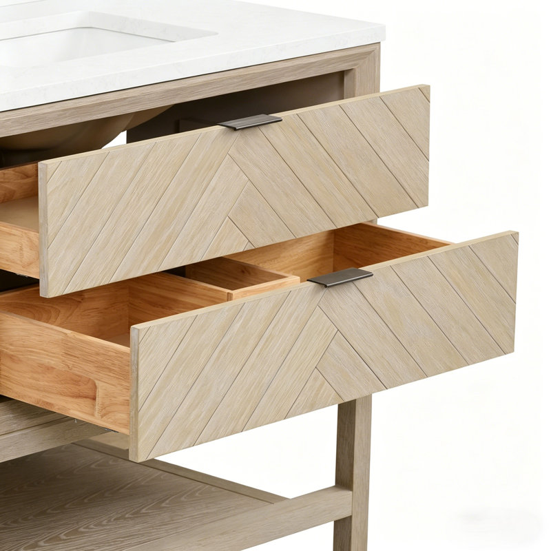  Meuble-lavabo autoportant en bois massif 36 po avec plateau en marbre d'ingénierie 36 po, Chêne blanc délavé
