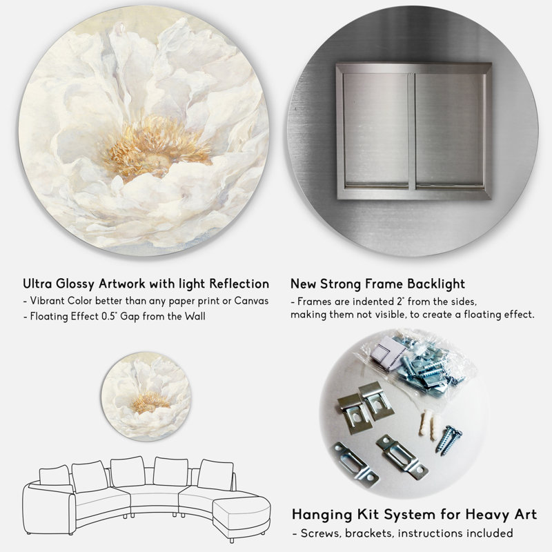 White Serene Peony - Reproduction d'art en cercle métallique sur toile, H 11 po x l 11 po