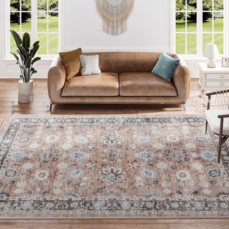 Tapis 6 x 9 pour le salon, tapis en brique à poils courts lavable à la machine, tapis à imprimé floral rétro résistant aux taches pour la chambre à coucher, la cuisine, la salle à manger