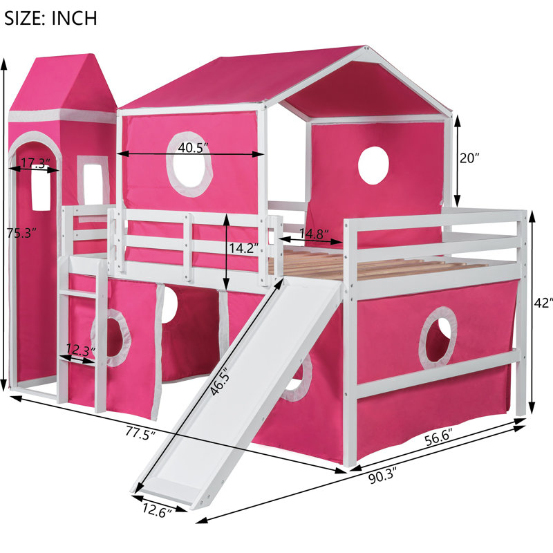 Lit mezzanine double avec glissade, tente et tour rose, cadre de lit mezzanine pour enfants