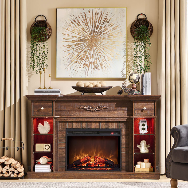 54.7" Electric Fireplace with Mantel, Fireplace TV Stand for 60 Inch TV with Storage, Brown