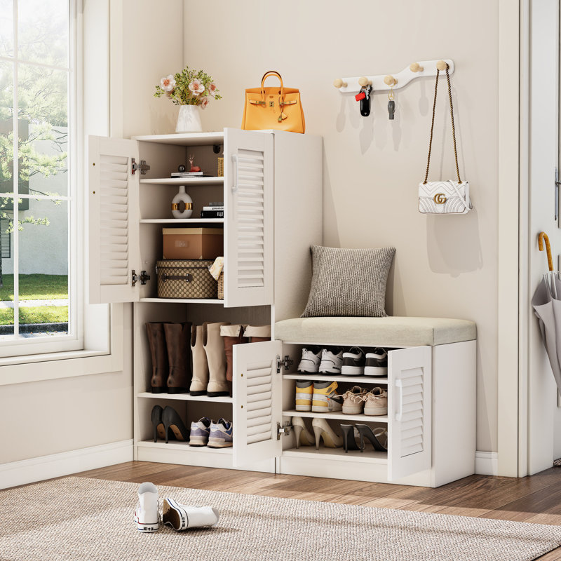 Armoire à chaussures de grande capacité avec 7 + 3 compartiments, banc réglable blanc pour le hall d'entrée