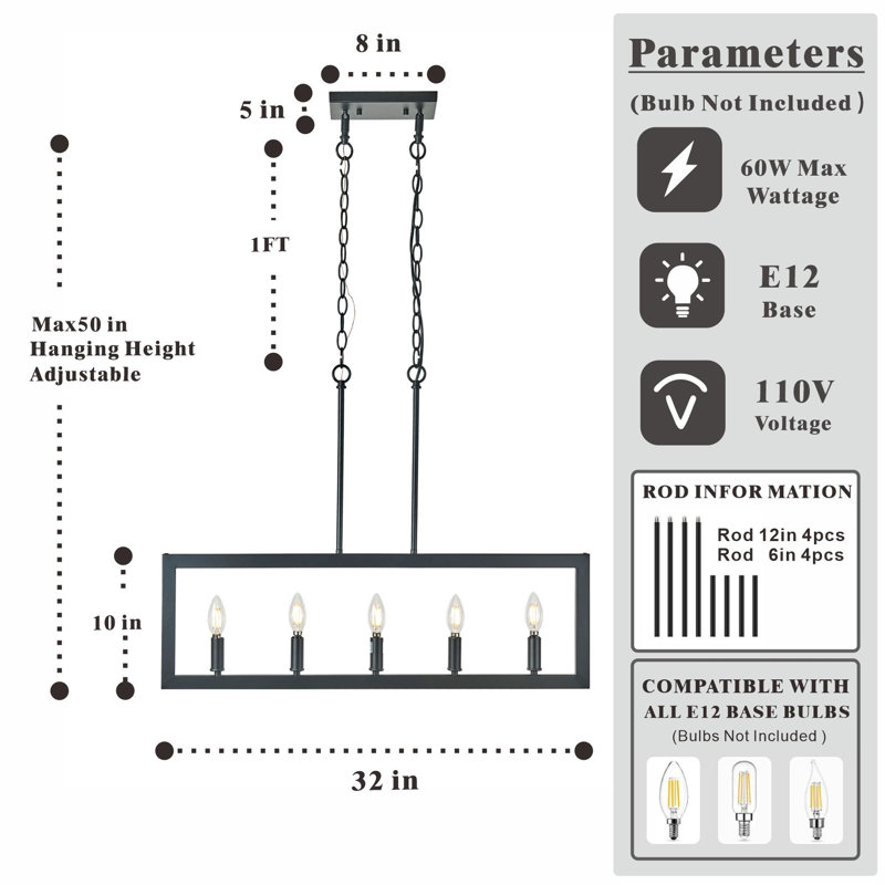 Modern 32" Linear Pendant Light - 5-Light Black
