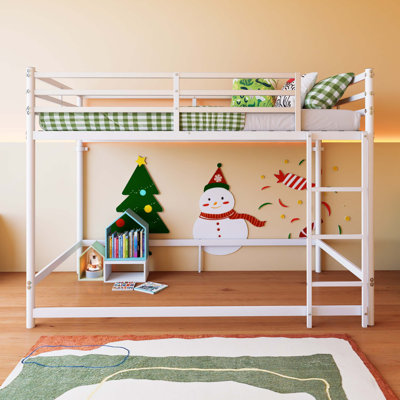 Lit superposé robuste en métal, deux lits simples superposés, avec échelle sécurisée et grand espace de rangement pour enfants.