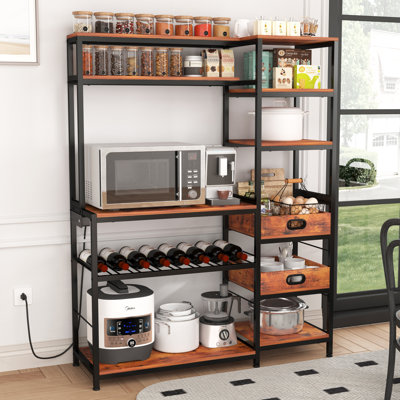 Wide 49.6'' Metal Standard Bakers Rack With Wine Racks And Wood Serving Trays