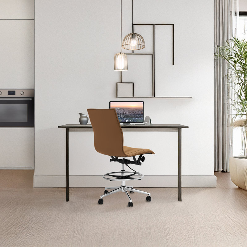 Modern Drafting Chair | Upholstered PU Leather Ribbed Armless Mid Back with Tall Adjustable Base & Leg Rest | Tilt Lock, Swivel | Computer, Home, Executive, Conference, Meetings 
