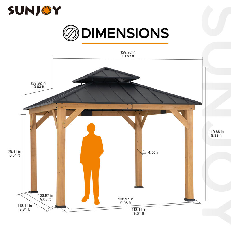 Sunjoy 11 x 11 ft. Wood Gazebo Standard Cedar Framed Gazebos with Black Double Steel Hardtop Roof for Garden, Backyard Shade