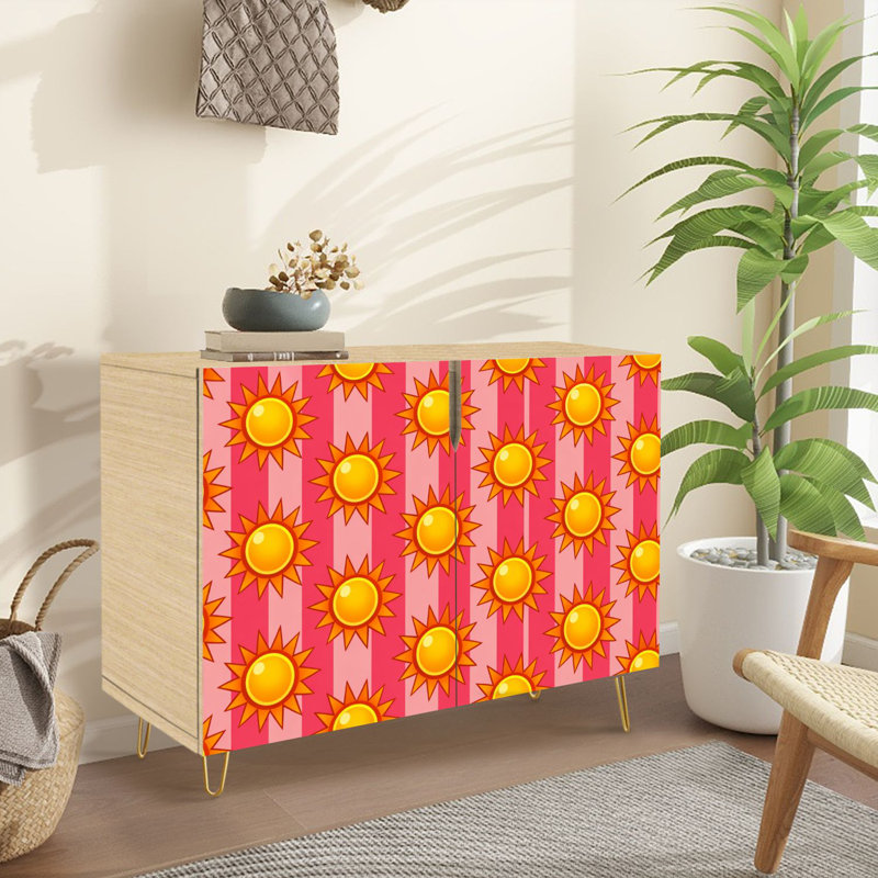 Buffet Buffet avec rangement lumineux orange vif jaune et rose rayé avec 2 portes pour le salon et la cuisine