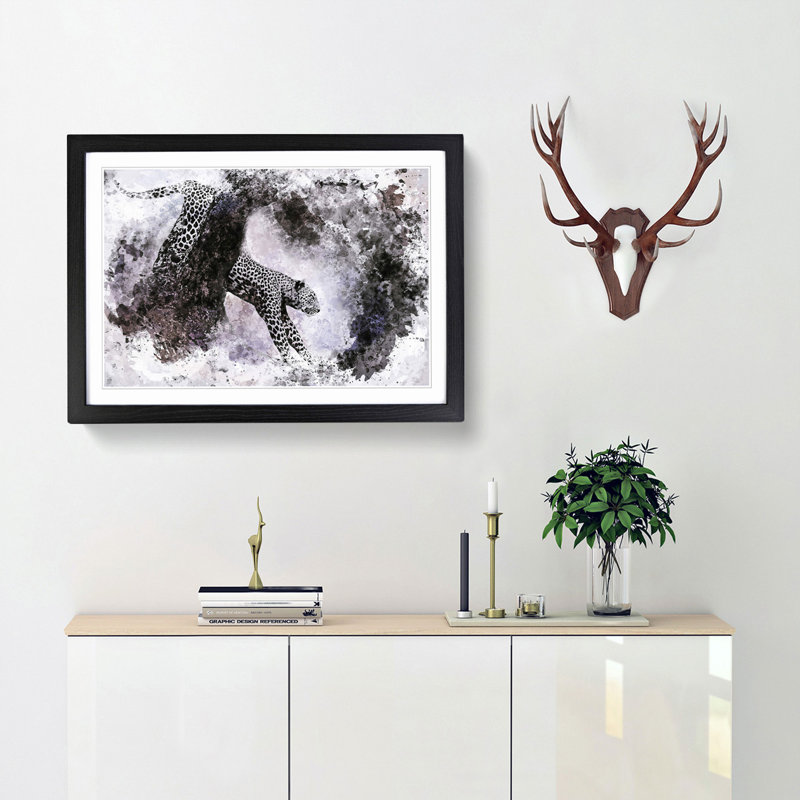 Leopard Climbing from a Tree in Abstract - Picture Frame Painting Print, Black Framed, 27cm H x 36cm W x 2cm D