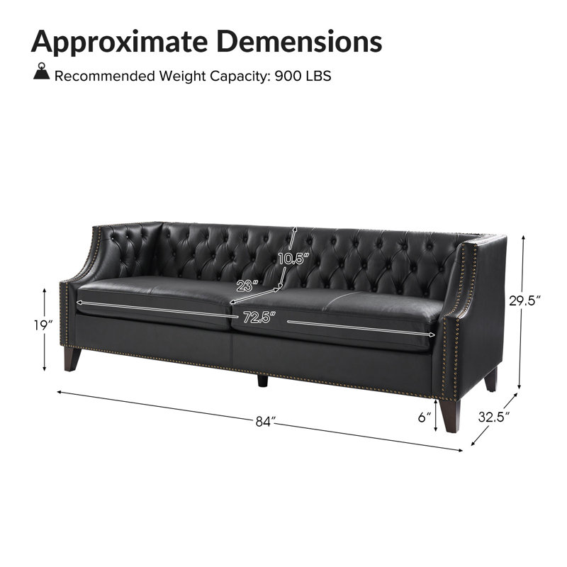 Canapé en cuir véritable touffeté à boutons l 84 po Theotis, Noir