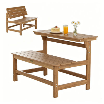 HIPS Convertible Bench Picnic Table Weather Resistant 2-in-1 Foldable Outdoor Bench with Umbrella Hole for Backyard, Porch, Patio, Deck