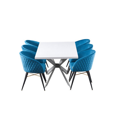 Goddard 6 Person Dining set - a Rectangular Wooden Dining Table with Metal Legs and a Set of 6 Quilted Velvet Dining Chairs for Dining Room - Modern Dining Table Set