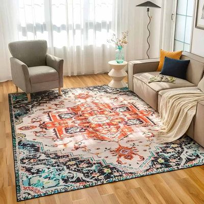 Tapis lavables 5 x 7 pour salon, tapis antidérapant et à poils longs à motif rétro d'intérieur, grands tapis pour la décoration de bureau à domicile, orange