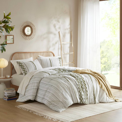 Housse de couette 100% coton 3 pièces très grand / très grand avec chenille, motif sauge, chevrons superposés, attaches intérieures, revers à teinture unie, fermeture en bouton de chenille sans substances nocives,