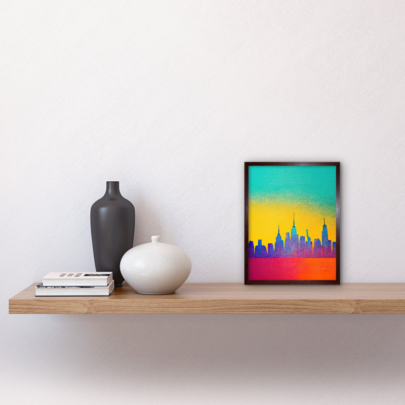 Bright Abstract New York Skyline Cityscape - Print, Brown Framed Paper, 25.9cm H x 20.6cm W x 1.5cm D