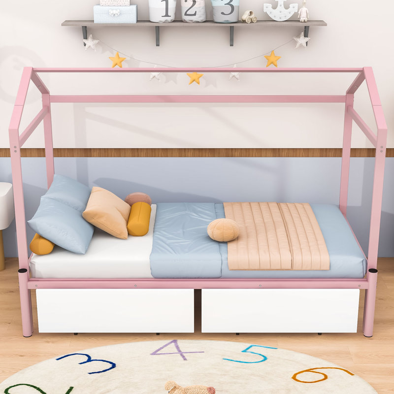 Lit plateforme simple avec 2 tiroirs Atice, Rose