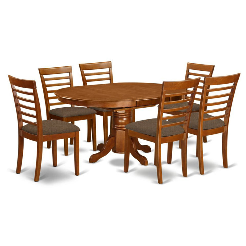 Ensemble de table et chaises de cuisine 7 pièces comprenant une table de salle à manger ovale avec rallonge papillon et 6 chaises de salle à manger en tissu de lin, brun selle, 42 x 60