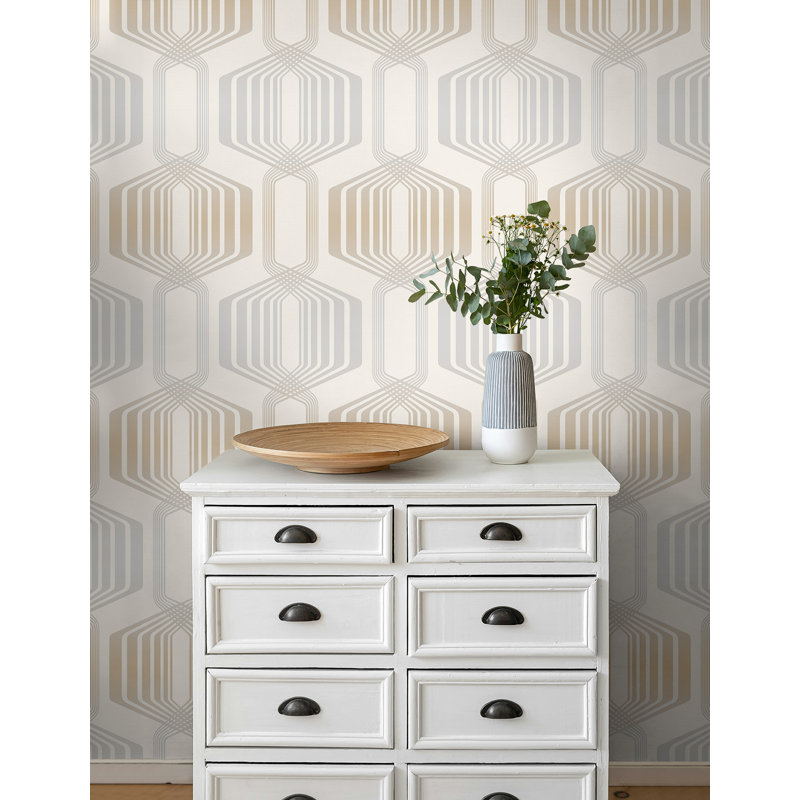 Seabrook Designs Dreda Hexagon Stripe Unpasted Wallpaper, Cream/Metallic Greige
