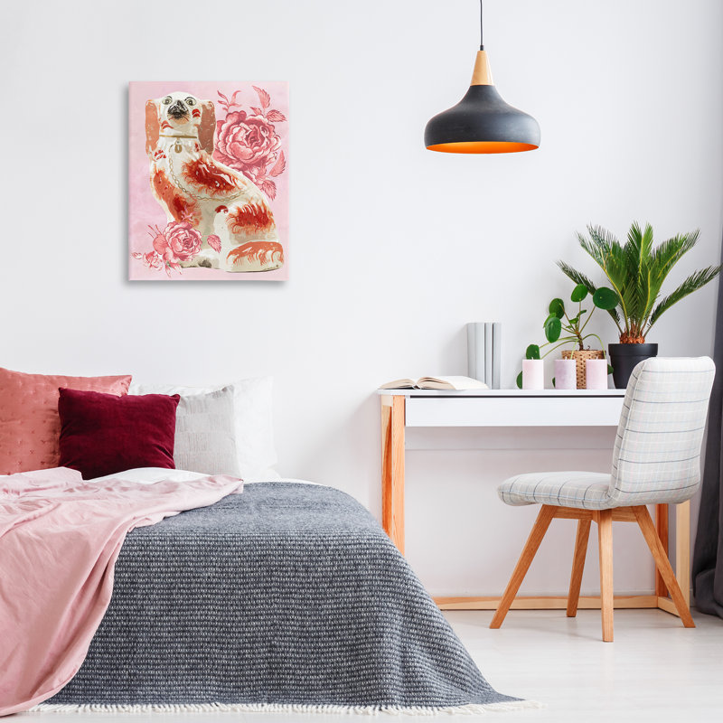 Art d'épagneul antique sur toile rose, par Lil 'Rue, H 30 po x l 24 po