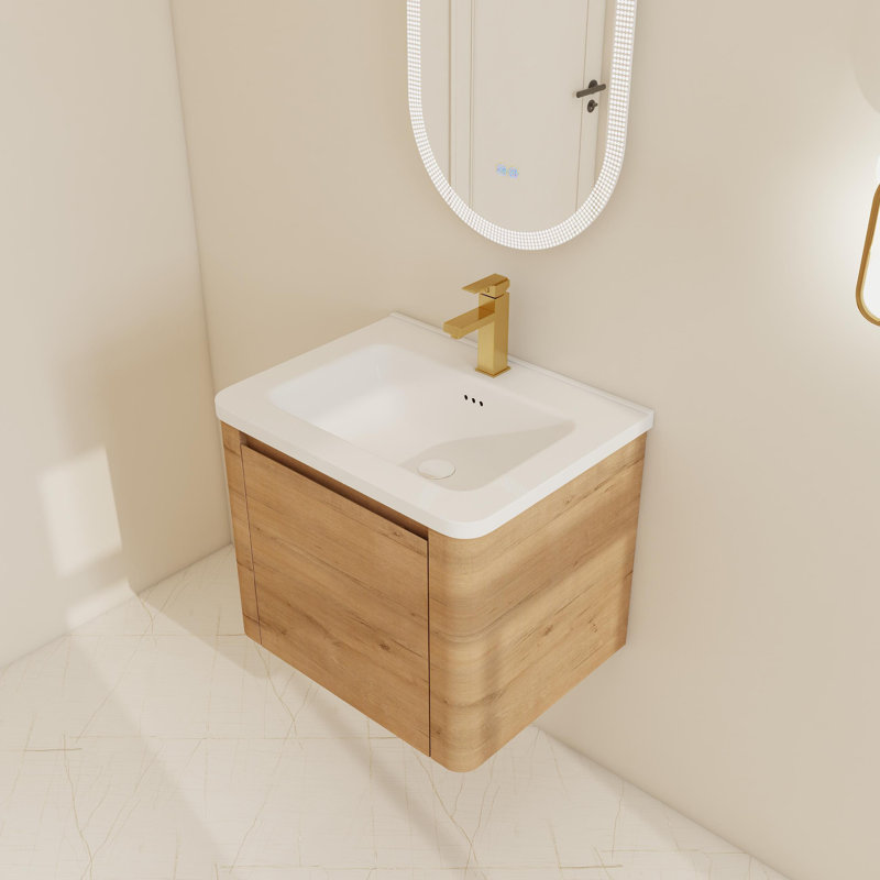 Ensemble de meuble-lavabo simple mural 24 "/ 28" avec lavabo en céramique, 24", Imitation chêne