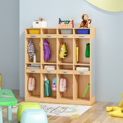 Vestiaire à 8 compartiments avec 8 casiers, casiers pour garderie avec 16 crochets et miroir acrylique, casiers pour maternelle, maison, école, garderie