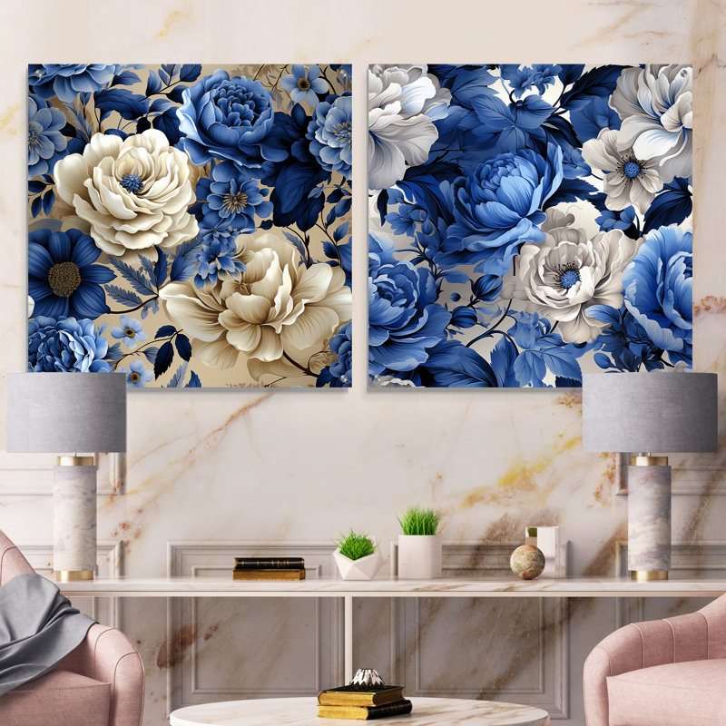 «Cobalt Blue Neo Victorian Roses», motif victorien - ensemble d'art mural en acrylique sur verre floral, H 16 po x l 33 po