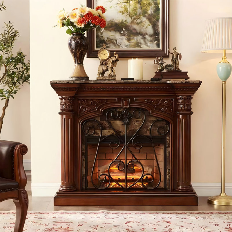 59.06"Retro Solid Wood Mahogany Simulated Flame Electric Fireplace, 45.28" H x 59.06" W x 17.72" D