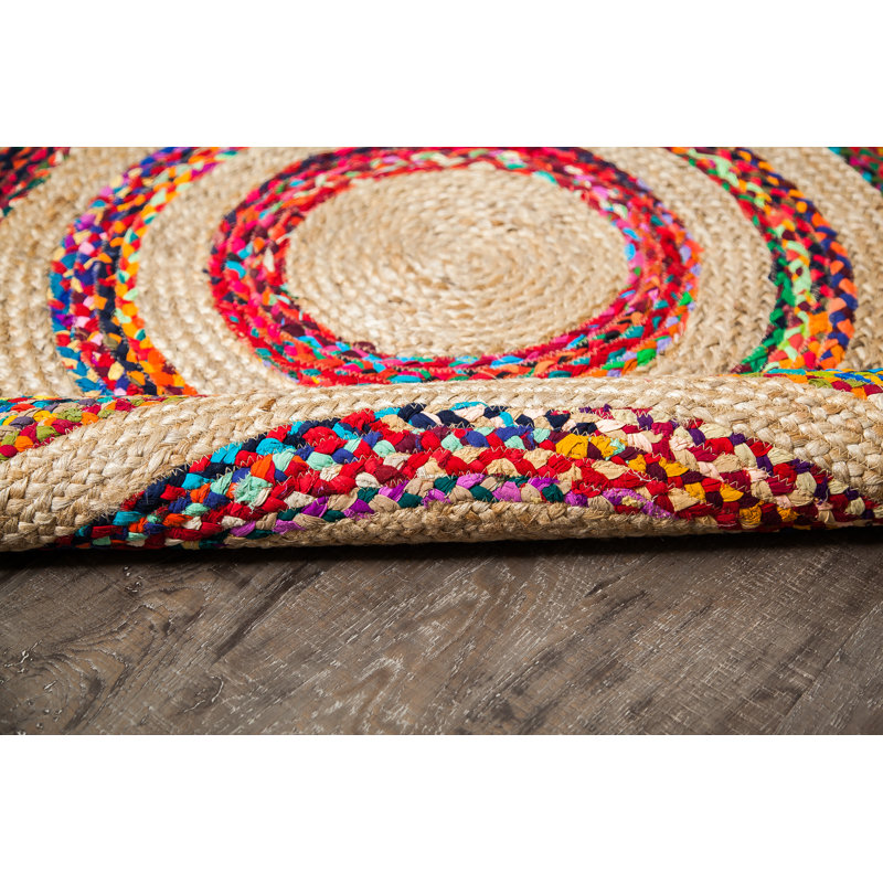 Tapis géométrique beige en coton tressé à la main, Rond 6 pi