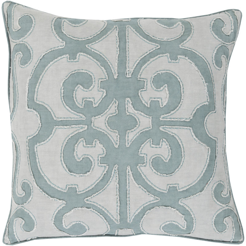 Appliqued Linen Throw Pillow, 18" x 18", Aqua/Light Gray, Polyester