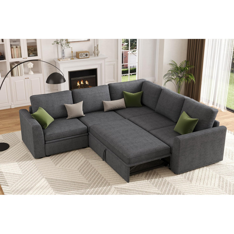 Canapé-lit modulaire en Corduroy avec lit escamotable et rangement, gris, Gris