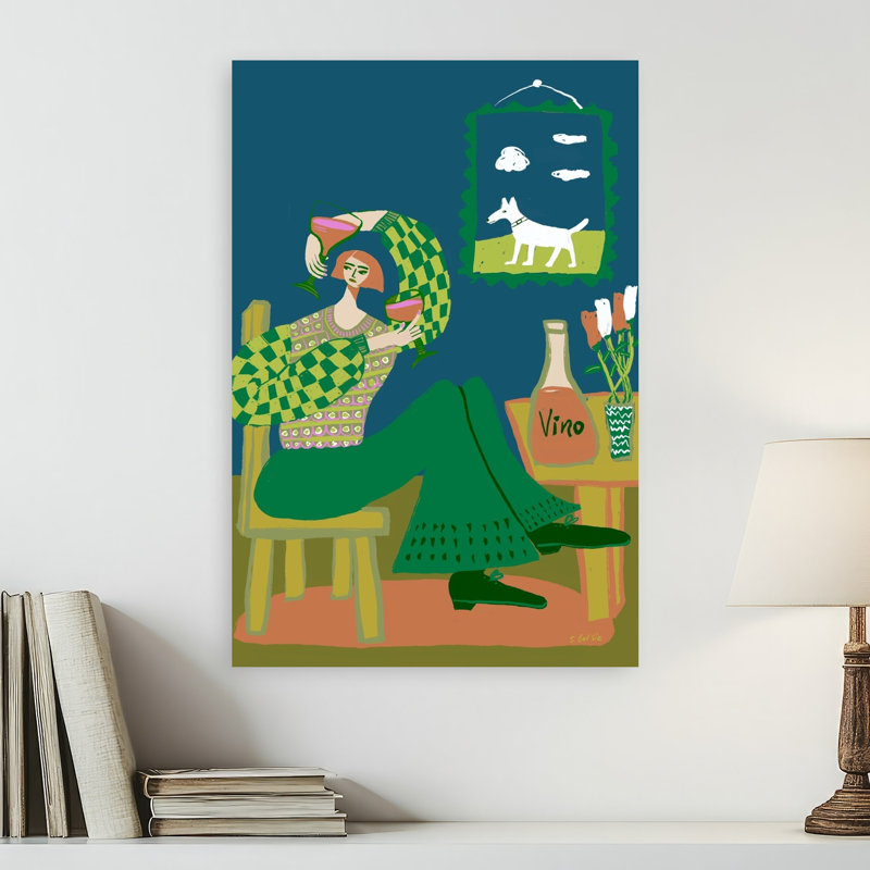 Cozy femme buvant du vin «Bold Colorful Modern Dog Architecture», reproduction d'art murale, 24" H x 16" W