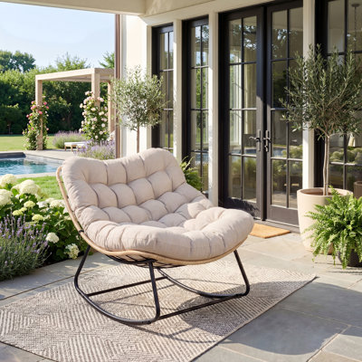 Indoor/Outdoor Rocking Chair with Thick Cushion, Heavy-Duty Metal Frame Supports 450 Lbs  Rocking Motion, Water-Resistant Fabric, Single Arc Leg